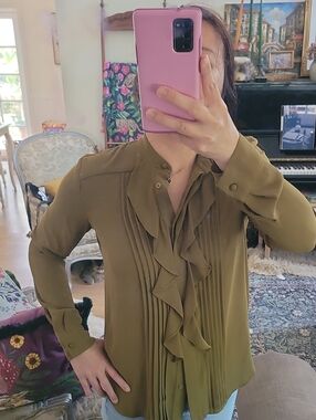 Ann Taylor Olive Ruffle Front Blouse